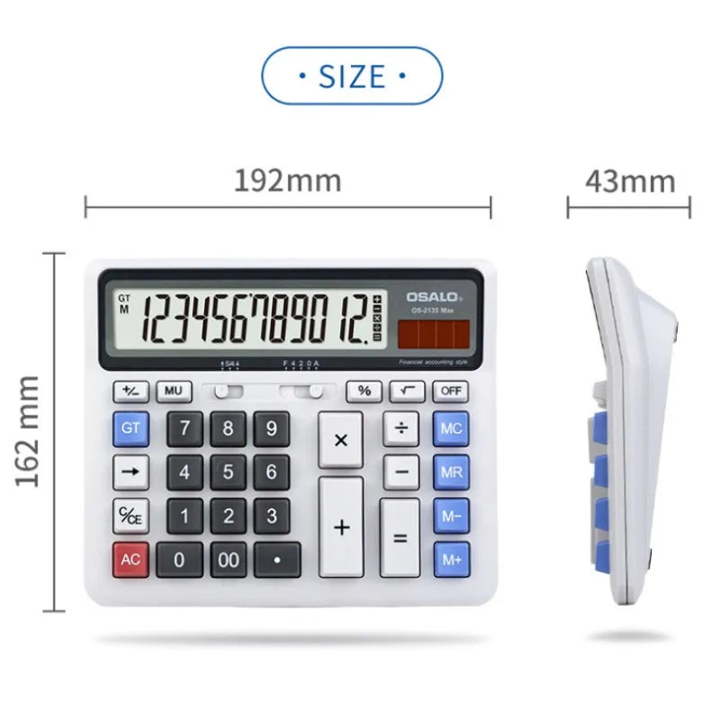 Solar 12-Digit Desktop Calculator – Dual Power (Solar + AA), Financial Office & Student Calculator with GT, Percent & Backspace