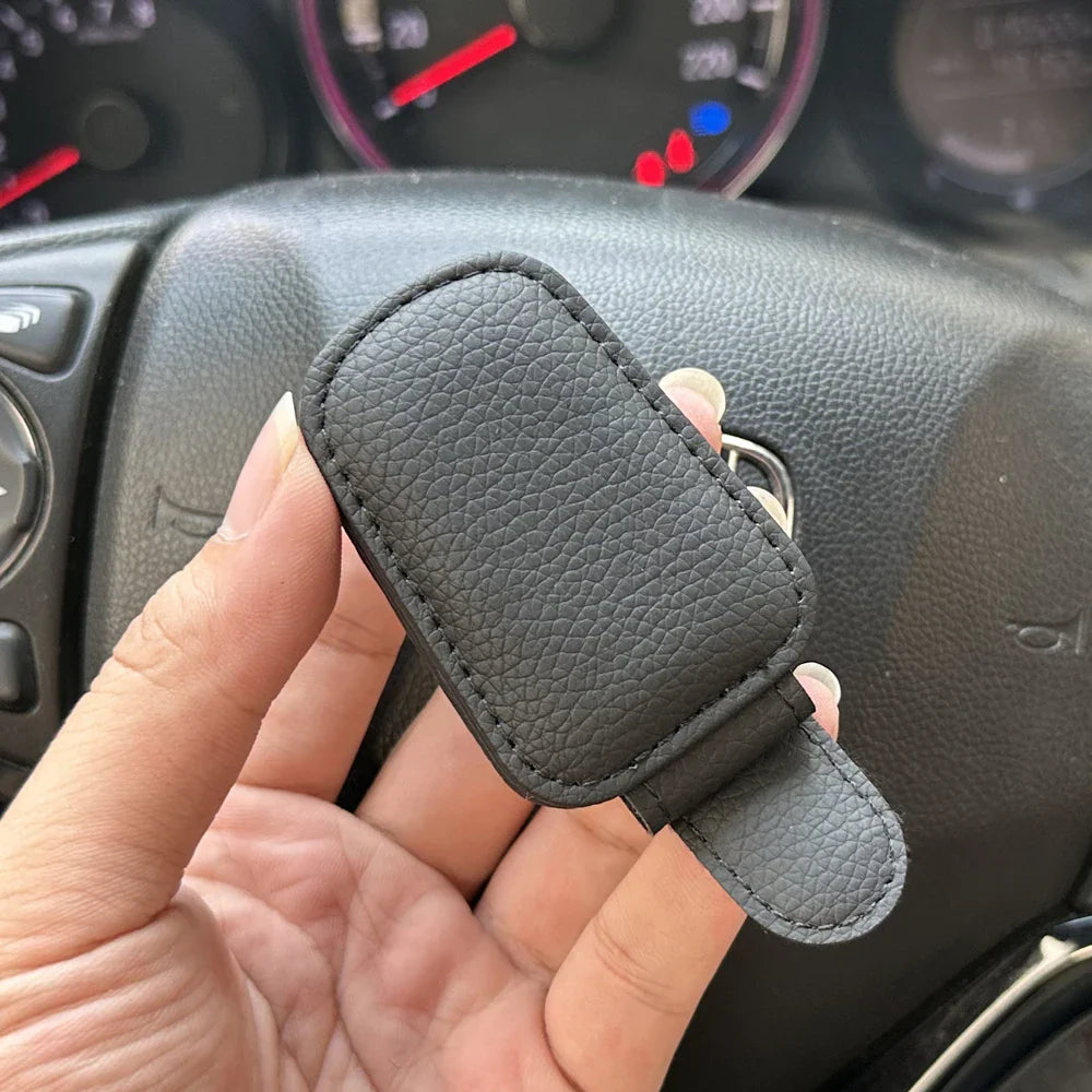 Universal Magnetic Car Sunglasses Holder – Foldable Leather Sun Visor Glasses & Card Ticket Clip