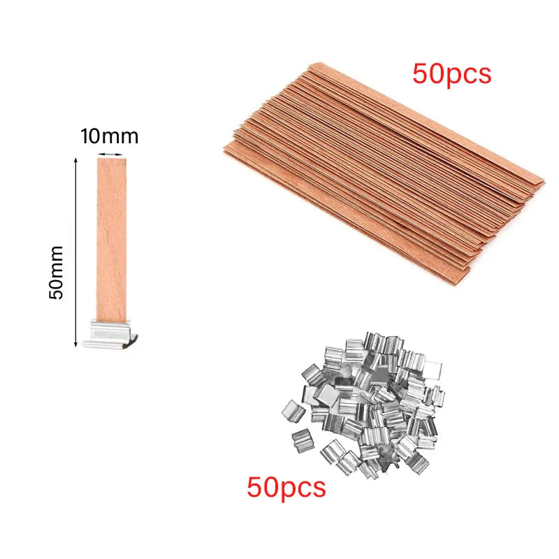 30/50-Pack Cherry Wood Candle Wicks with Metal Clip Bases – Smokeless Wooden Wicks for DIY Jar Candles