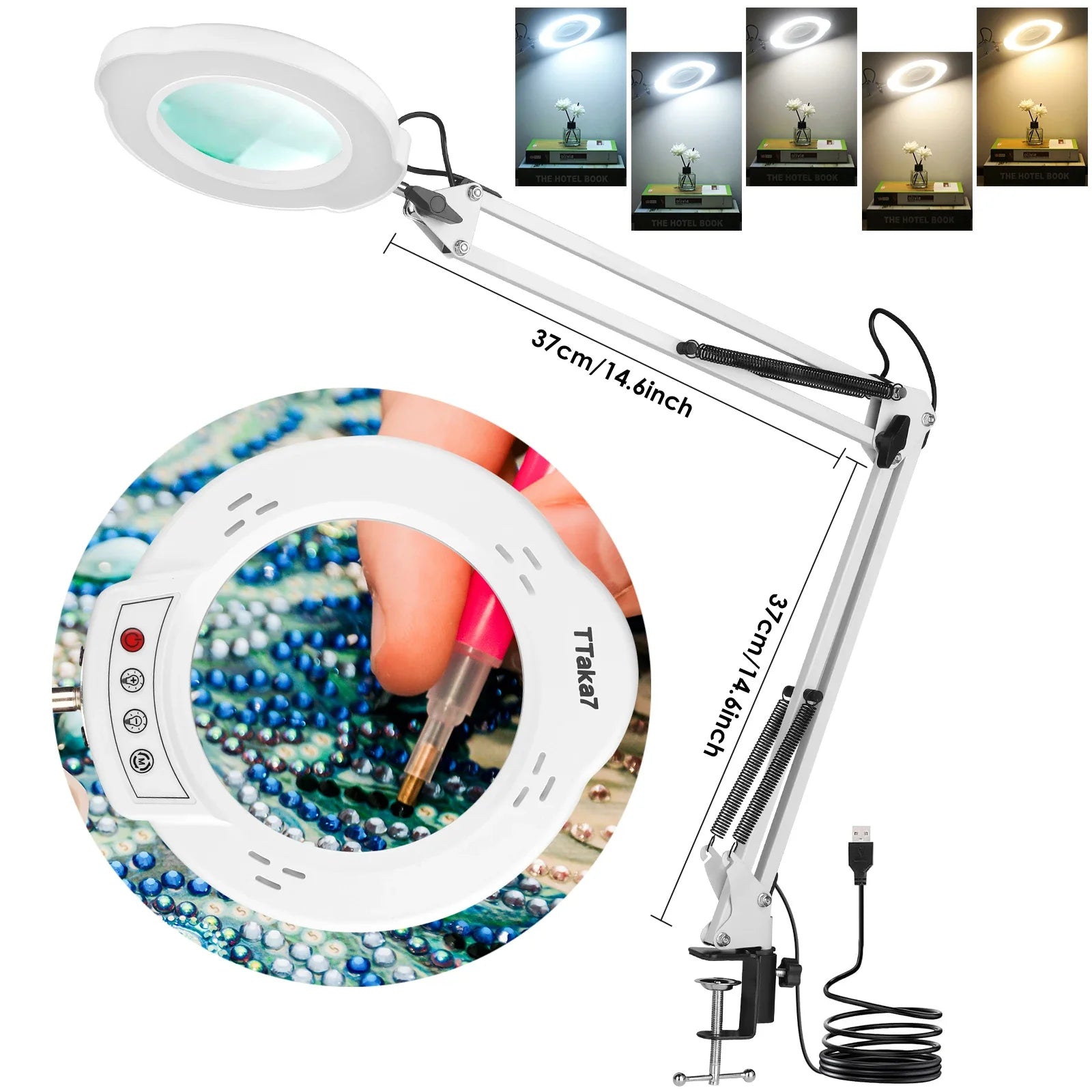 72-LED USB Magnifying Lamp 8X/10X 4.2in (106mm) Glass Lens Dimmable 3-Color LED Magnifier with Adjustable Arm & Clamp for Soldering Repair Crafts Beauty