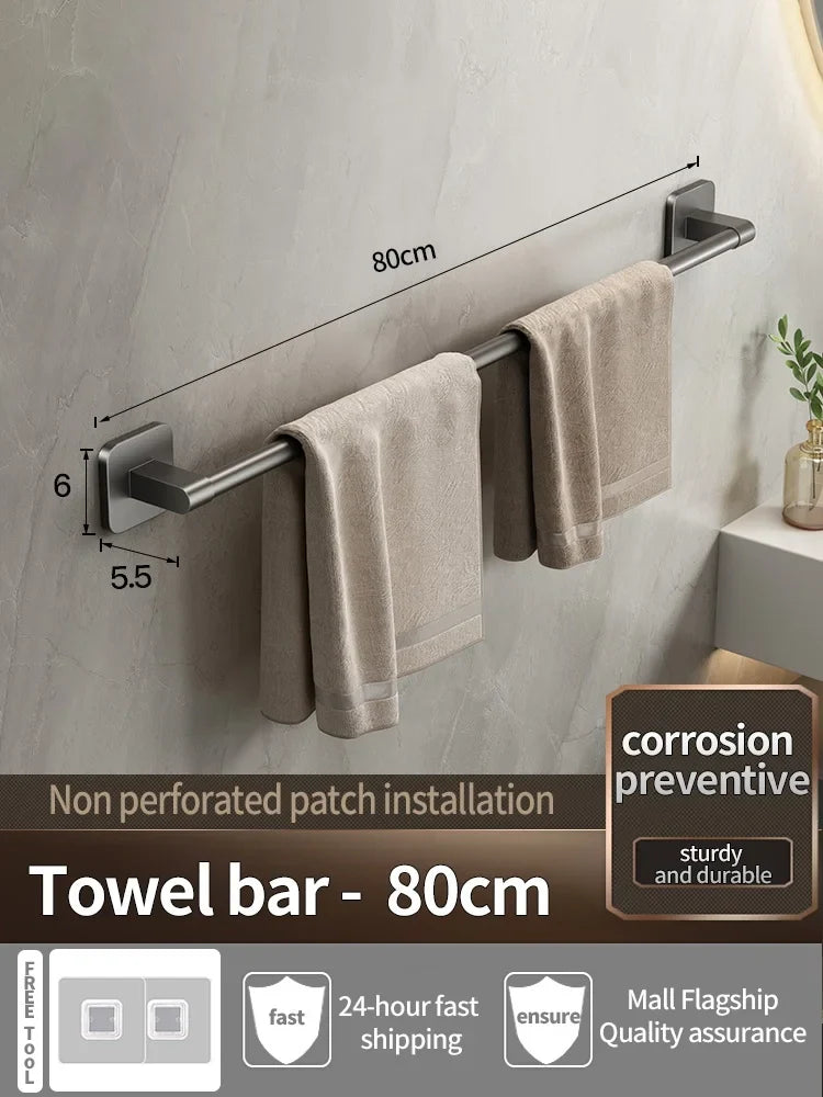 No-Drill Adhesive Towel Bar – Wall-Mount Towel Rack & Hook for Bathroom, Kitchen, Tile, Glass