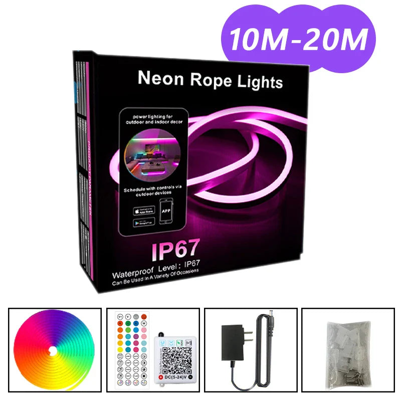 EU Plug 24V RGB Neon LED Rope Light Strip - Bluetooth Music Sync, Waterproof IP67 - 5/10/15/20/30M (16.4/32.8/49.2/65.6/98.4 ft)
