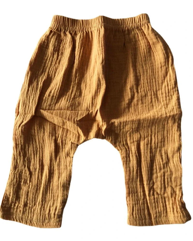 Kids Cotton Pleated Ankle-Length Pants – Toddler Boys Girls Casual Harem Trousers with Elastic Waist