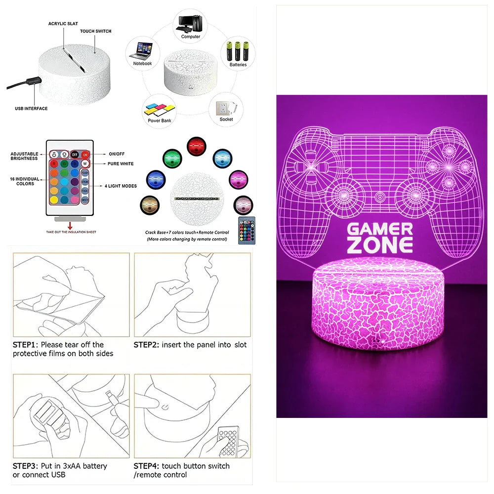 Neon Gamer 3D LED Night Light RGB – Gaming Table Lamp for Kids, Bedroom & Gamer Room