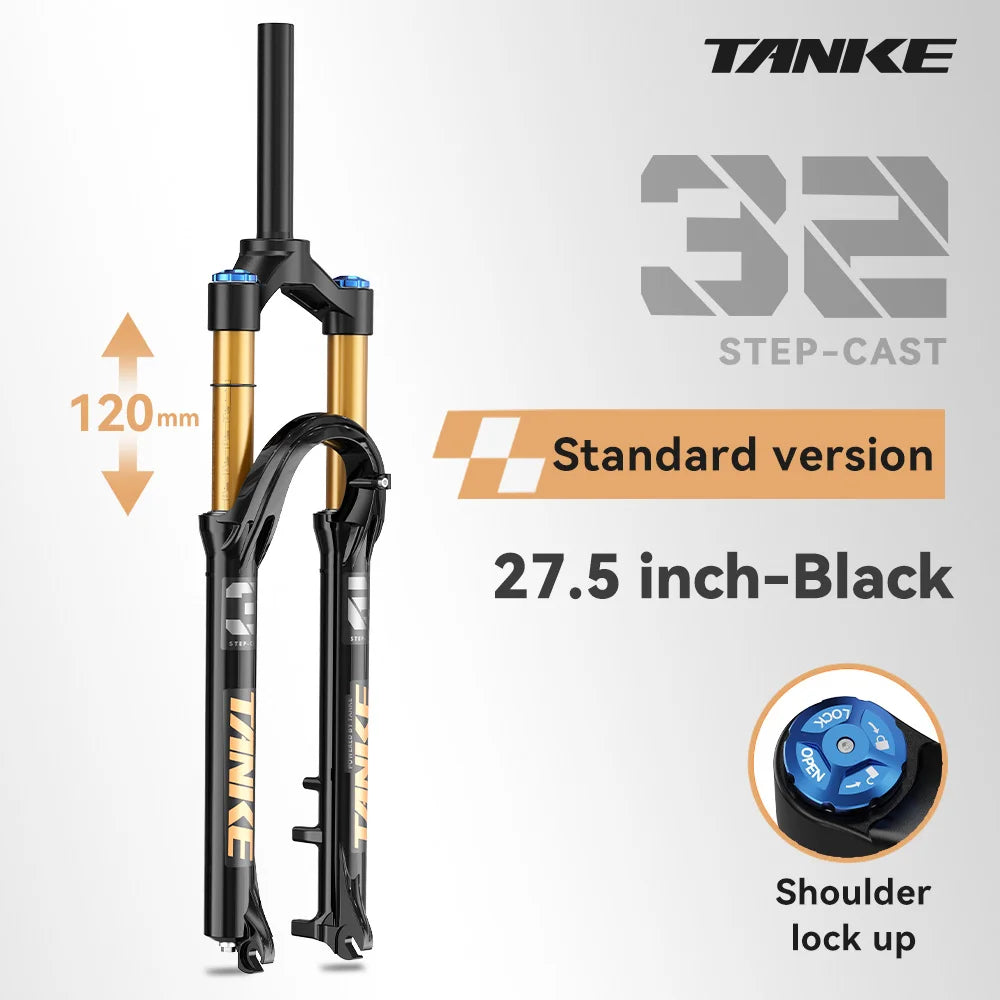 MTB Air Front Suspension Fork 120mm (4.7in) Travel Rebound Adjustable, 26/27.5/29-inch Straight Steerer, 9x100mm Quick Release, Disc Brake Compatible
