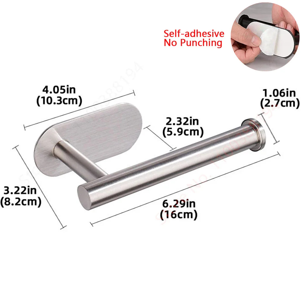 Self-Adhesive Stainless Steel Toilet Paper Holder — No-Drill Wall Mount Tissue & Towel Dispenser (Holds up to 30 cm / 11.8 in)