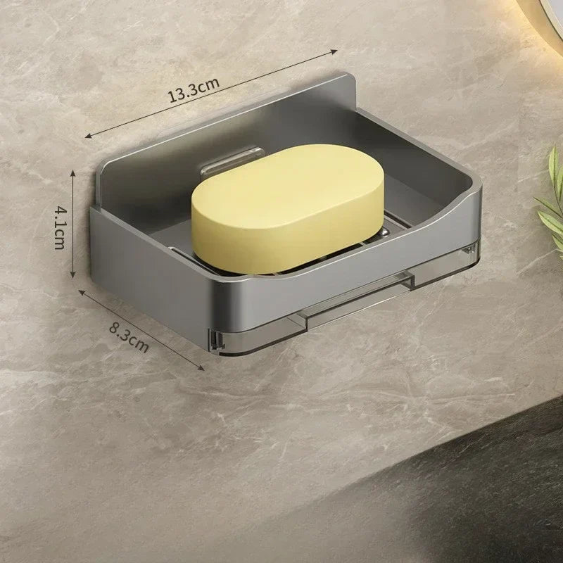 Wall-Mounted Free-Punch Soap & Sponge Holder, Double-Drain Plastic Soap Dish (11.3×8.3×4.1 cm | 4.45×3.27×1.61 in)