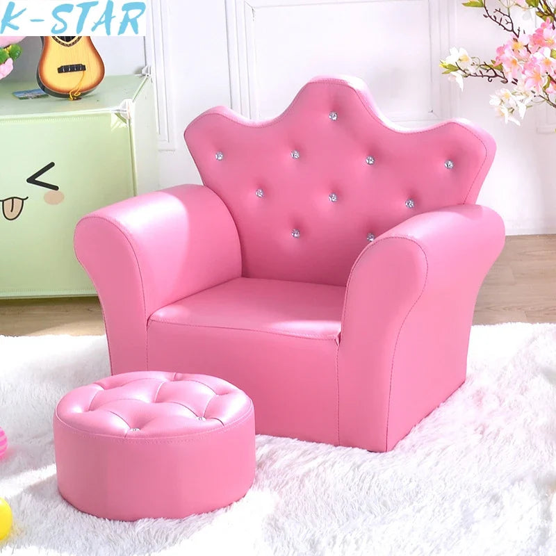 Kids Crown Armchair & Footstool - Korean Style Children's Sofa, Solid Wood Frame, 58 x 40.5 x 48 cm (22.8 x 15.9 x 18.9 in)