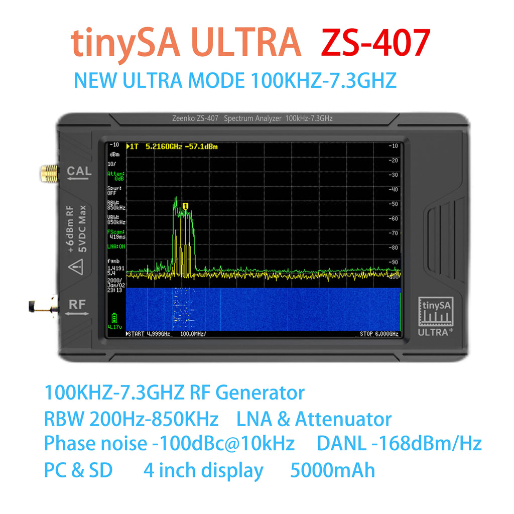 Handheld Tiny Spectrum Analyzer 4-inch (10.2 cm) Display 5000mAh Battery 100 kHz - 7.3 GHz