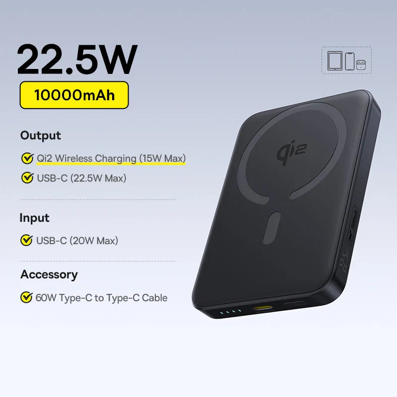 Qi2 Magnetic 10000mAh Power Bank 15W Wireless 22.5W USB-C Fast Charge Magnetic Snap Portable Charger