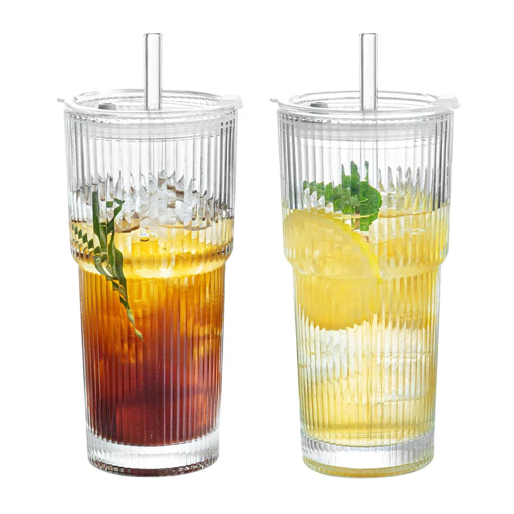 600ml (20 oz) Striped Glass Tumbler with Lid & Straw - Clear Drinking Cup for Juice, Water & Iced Coffee (Single or 2-Pack)