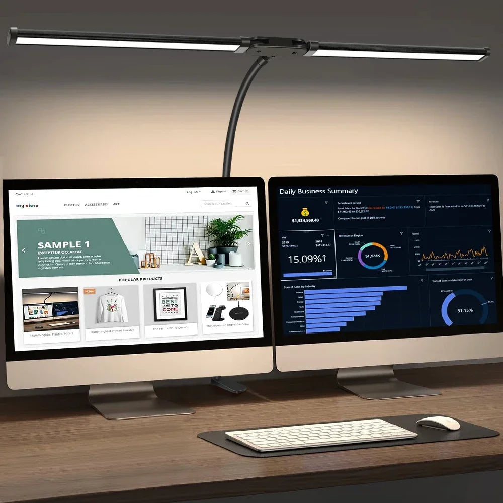 Dimmable LED Clip-On Desk Lamp – Dual-Head Adjustable 31.5in (80cm) Arm, USB Clamp Light for Office, Reading & Monitor Lighting