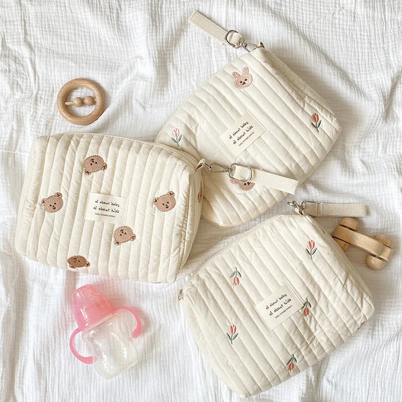 Embroidered Mommy Diaper Bag Zippered Nappy Pouch Travel Stroller Organizer