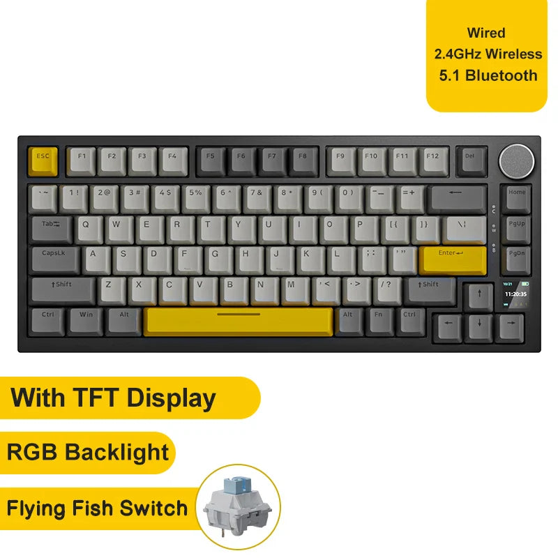 75% 82‑Key Hot‑Swappable Mechanical Gaming Keyboard — Tri‑Mode Wired/2.4GHz/Bluetooth, RGB, TFT Screen, Metal Volume Knob, USB Type‑C