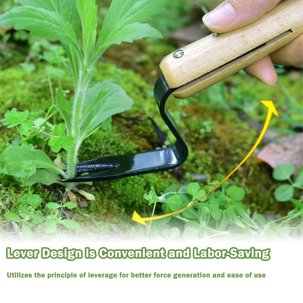 Handheld Dandelion Puller & Garden Fork – Carbon Steel Weeder with Wooden Handle for Lawn Care