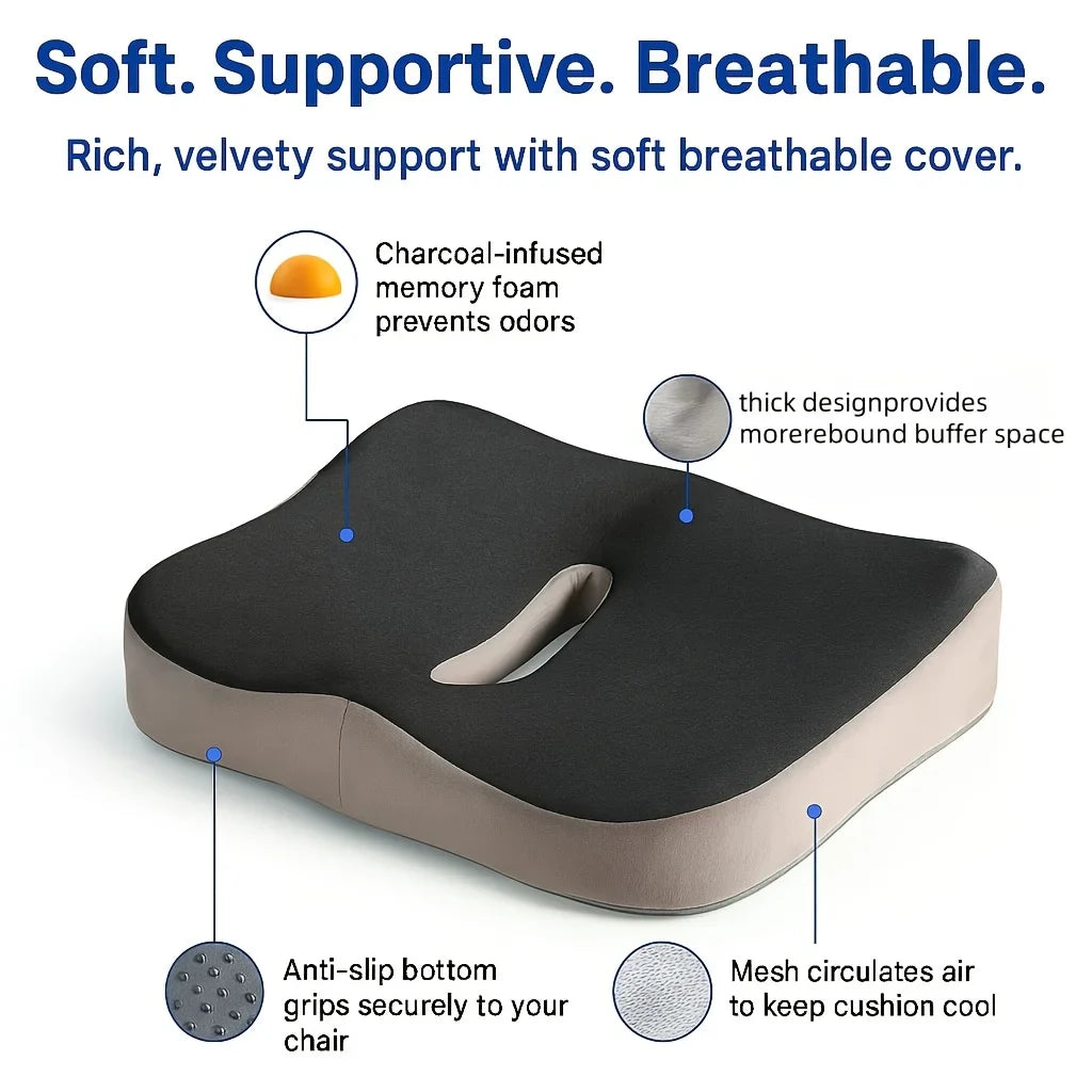 Memory Foam Seat Cushion with Center Groove – 3D Ergonomic Pressure Relief, Non-Slip Washable Cover for Office, Car & Home (Black/Grey)
