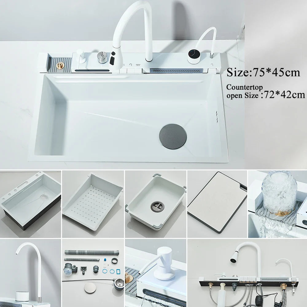 304 Stainless Steel Undermount Kitchen Sink Single Bowl 75 x 45 cm (29.5 x 17.7 in) Brushed Finish with Waterfall Faucet, Digital Display and Soap Dispenser