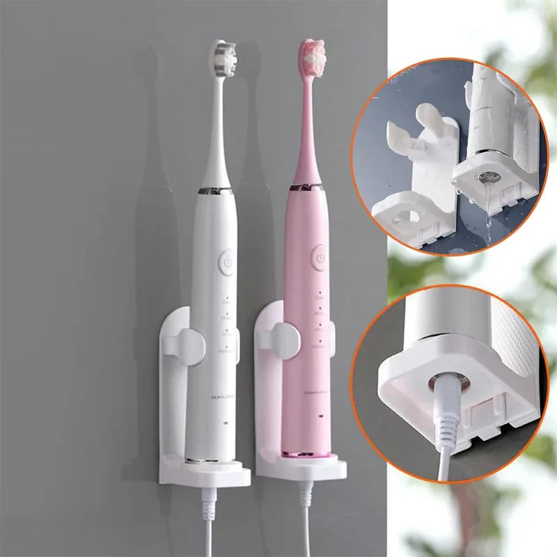 No-Drill Wall-Mounted Adhesive Toothbrush Holder – Space-Saving Toothbrush Organizer with Drain, Fits Electric Toothbrushes