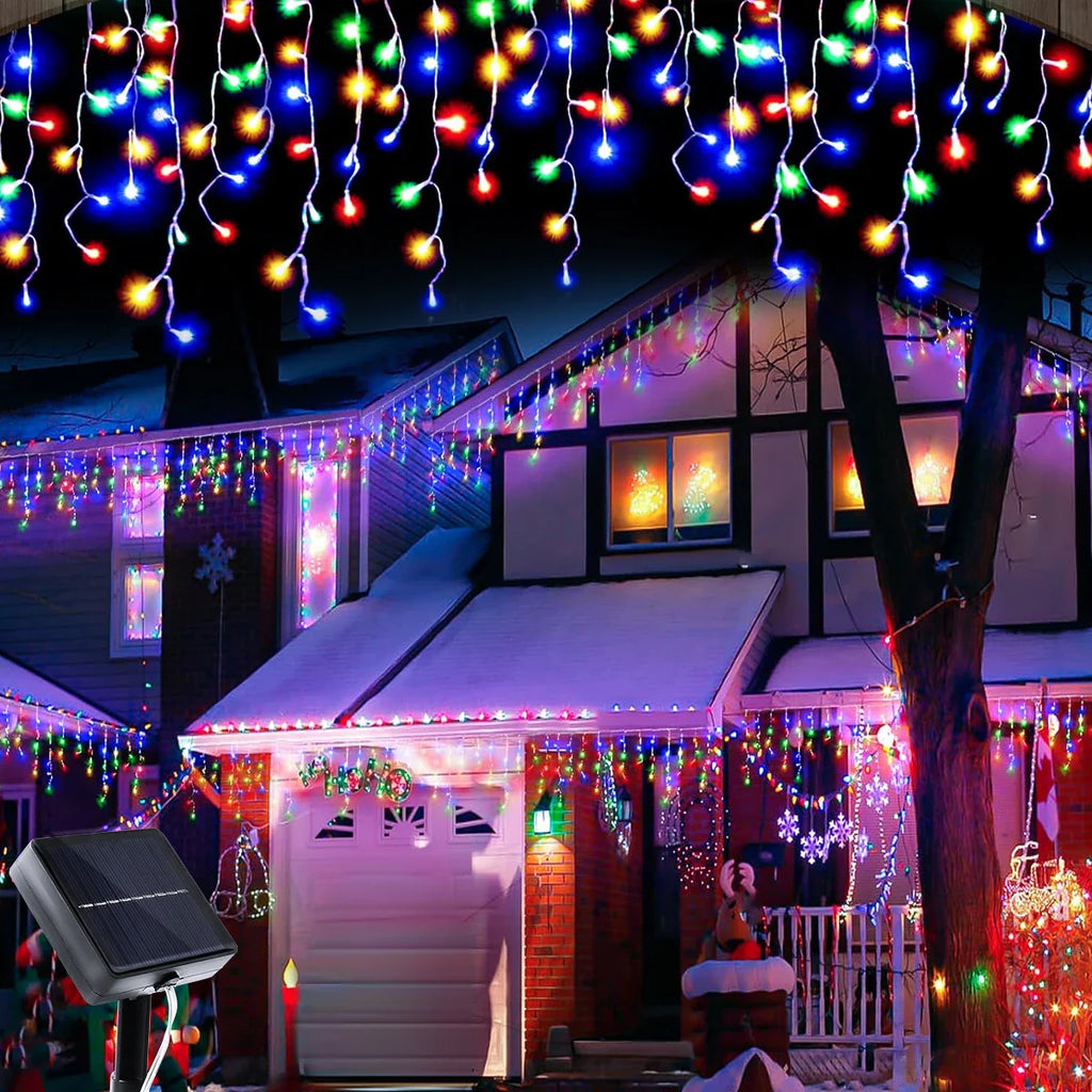 Solar Icicle Curtain Lights — 162/96 LED, 8 Modes, IP65 Waterproof, 9m/6m (29.5ft/19.7ft) Outdoor Christmas Fairy String Lights