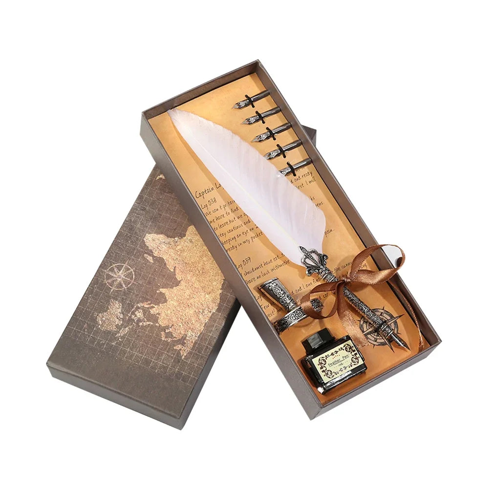 Retro Feather Dip Pen Calligraphy Set with Ink, 5 Nibs & Wax Seal Kit – Quill Writing Set for Stationery, Crafts & Gifts