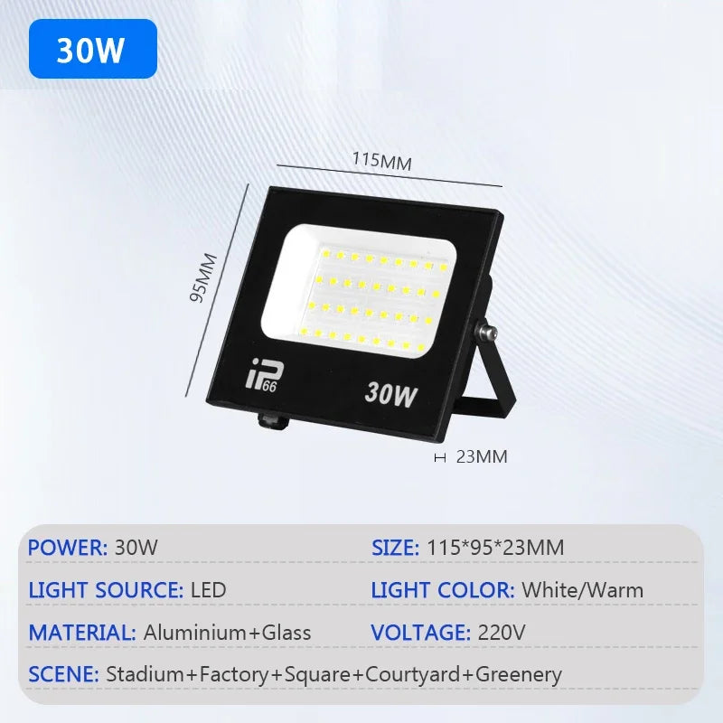 LED Outdoor Floodlight IP66 Waterproof - 10W-200W Options, Cool White 6000K, Garden Porch & Courtyard Spotlight, AC 220V