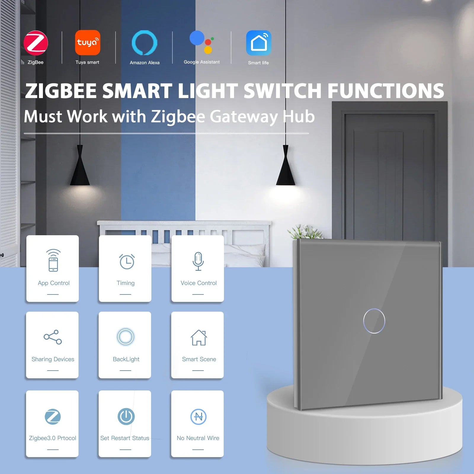 Smart Zigbee Touch Light Switch – 1/2/3-Gang 1-Way | Tuya/Smart Life Compatible, Google Home & Alexa