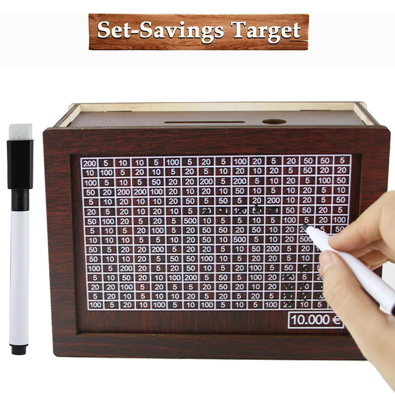 Wooden Money Challenge Box 1000/2000/3000/5000/10000 Euro – Piggy Bank Cash Vault & Savings Case