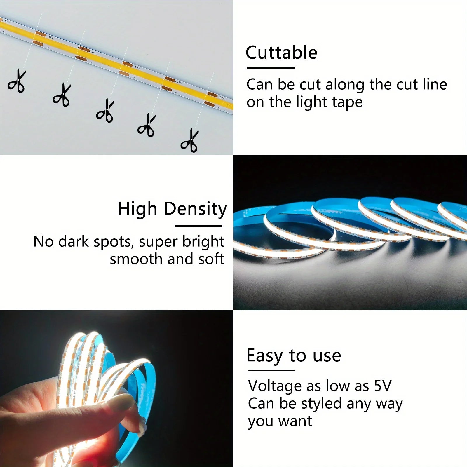 5V USB COB LED Strip Light Touch Dimmable - Flexible 1–5m (3.3–16.4 ft) Backlight for TV Mirror Cabinet