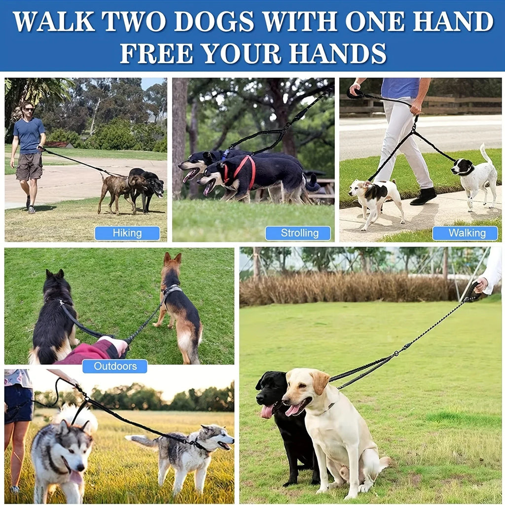 Double Dog Leash Coupler – No-Tangle Bungee Splitter with Shock-Absorbing, Reflective Lead for Safer Night Walks