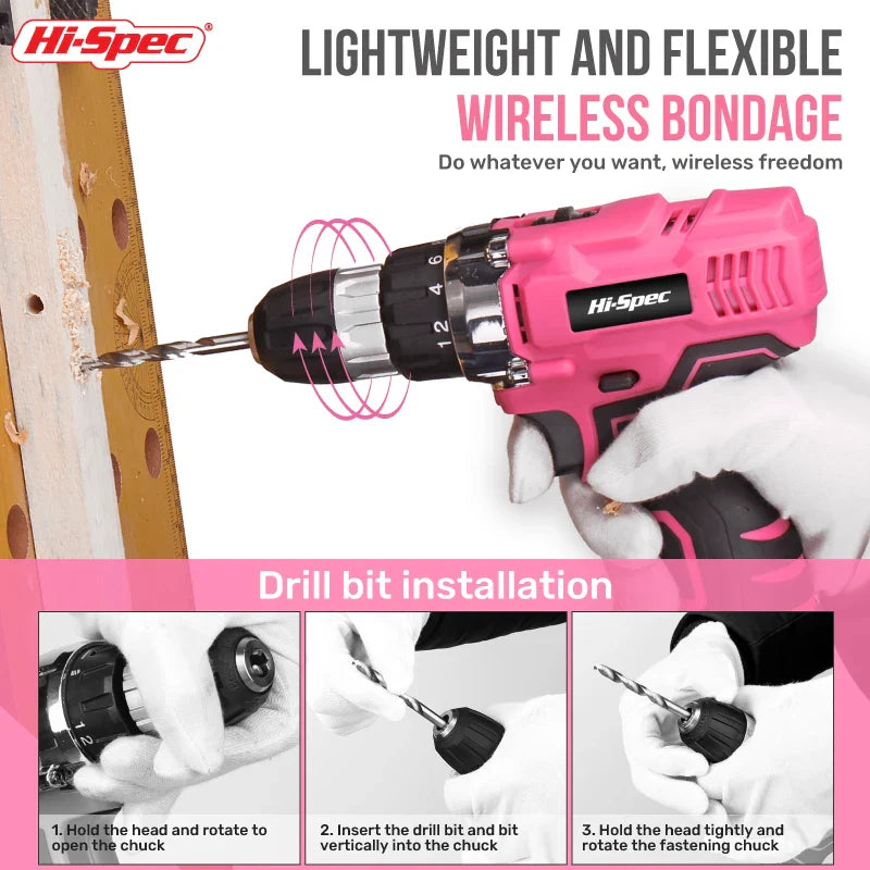 Pink Cordless Electric Screwdriver & Home Repair Tool Kit - Complete Set with Drill Bits, Hammer & Carry Case