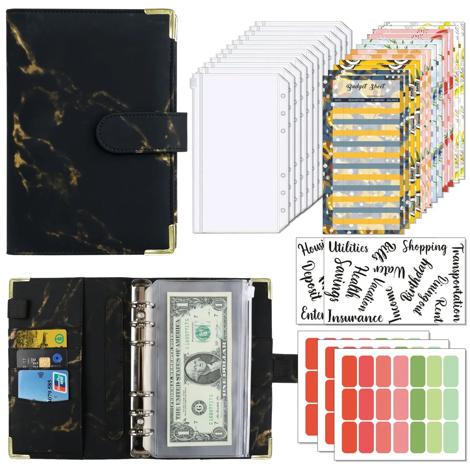 A6 Budget Binder Wallet Organizer — 12 Cash Envelopes, 12 Budget Sheets & 5 Label Stickers (7.84 x 5.2 in / 199 x 132 mm)