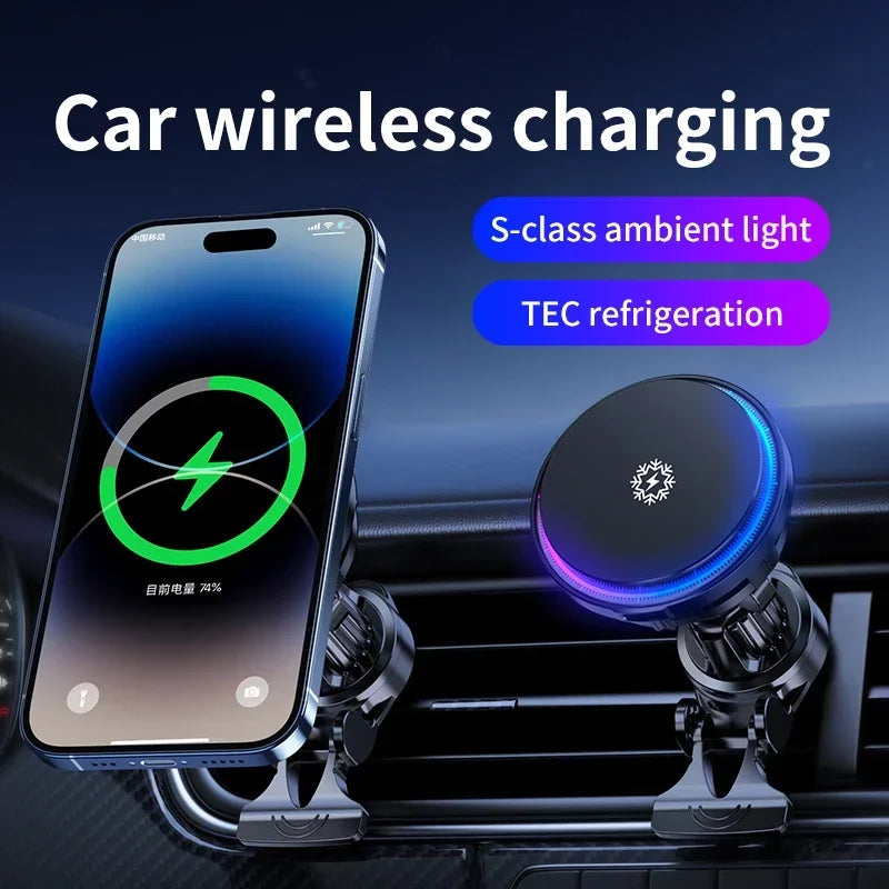 30W Magnetic MagSafe-Compatible Car Wireless Charger with Cooling Fan - Fast 360° Rotating Vent Mount Phone Holder