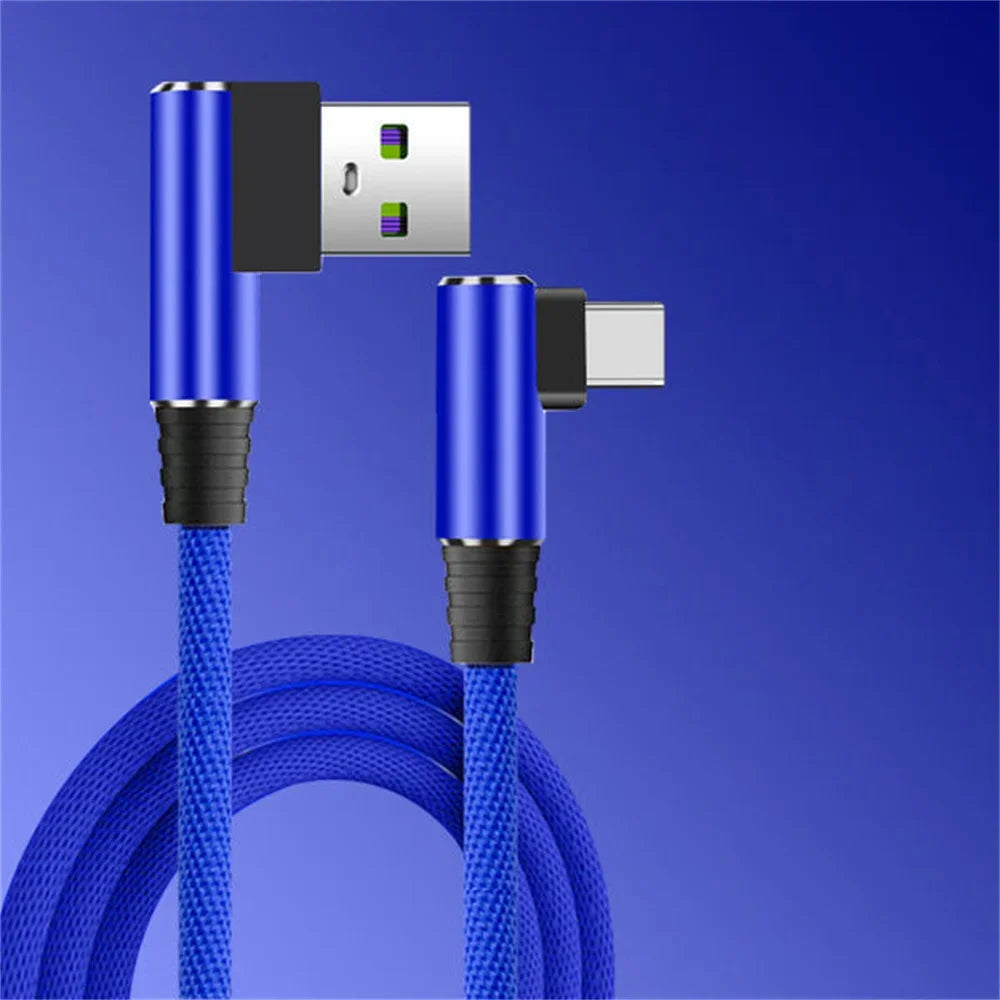 40W 5A USB-A to USB-C Fast Charging Braided Right-Angle Cable — 90° Data & Phone Charger for iOS and Android Smartphones