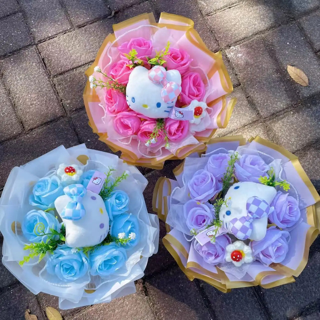 Kawaii Cat Plush Bouquet with Artificial Flowers — Cute Plush Doll Gift for Her, Valentine, Birthday, Graduation