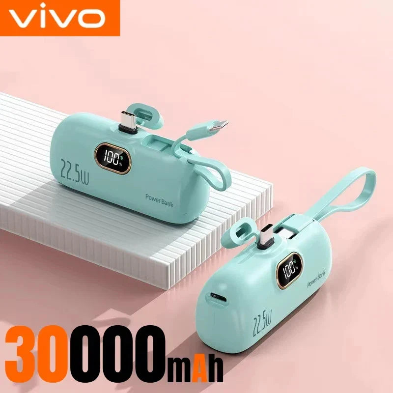 30,000mAh Mini Capsule Power Bank – Portable Fast Charger with Wireless Charging, Dual USB, Type-C & Lightning