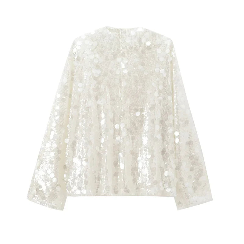 Women’s Sequin Kimono Jacket V-Neck Long Sleeve Patchwork Wrap Coat with Lace-Up Belt