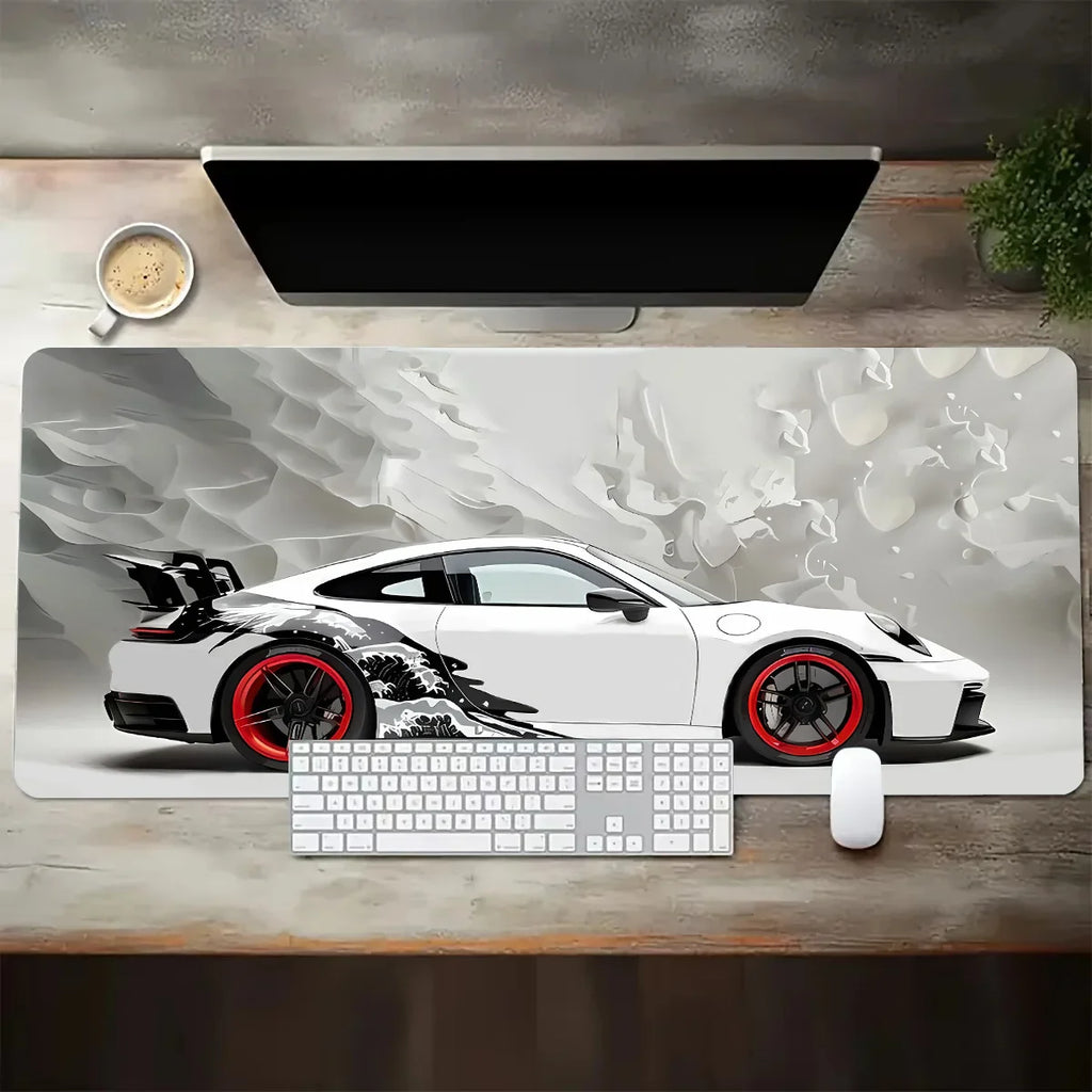 Large Extended Gaming Mouse Pad – White Sports Car Design, Anti-Slip Rubber Base Desk Mat for Gamers & Office