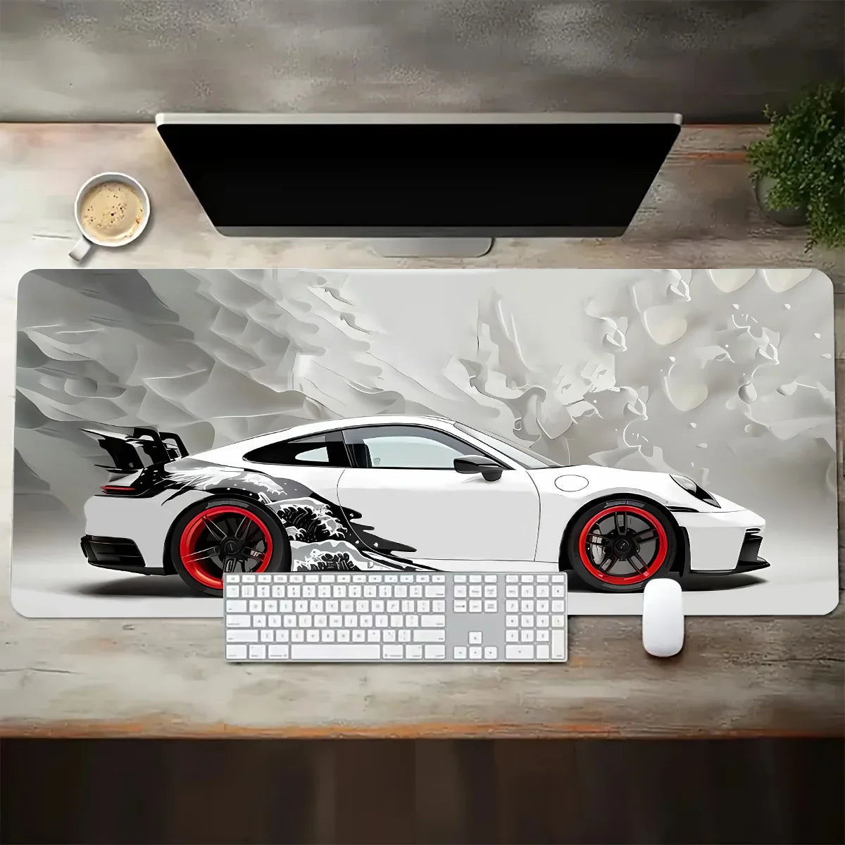 Large Extended Gaming Mouse Pad – White Sports Car Design, Anti-Slip Rubber Base Desk Mat for Gamers & Office