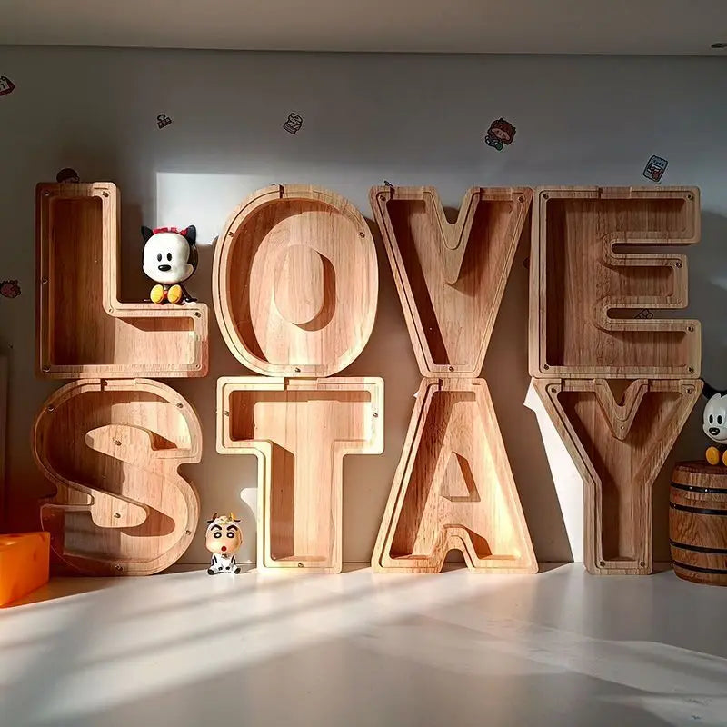 26-Letter Wooden Piggy Bank Alphabet Moneybox Coin Saving Box for Kids Desktop Home Decor