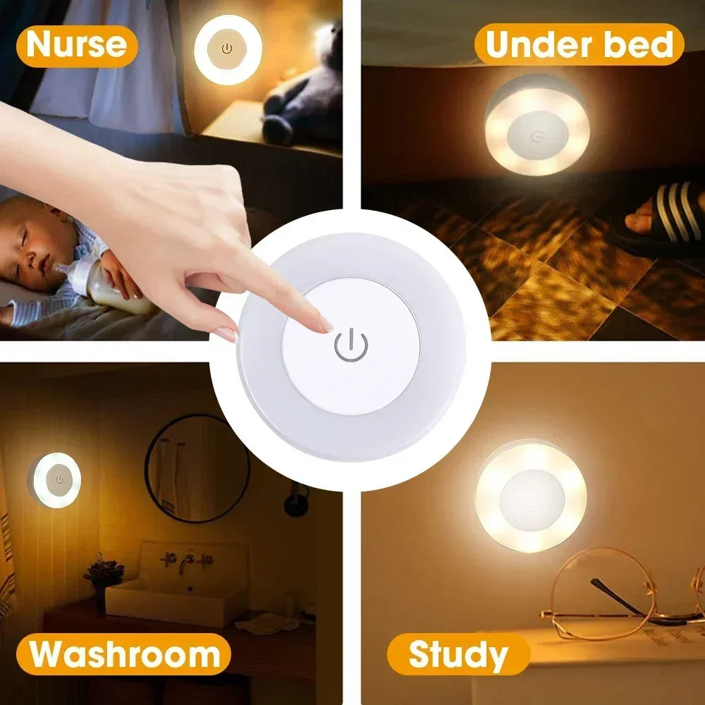Portable USB Rechargeable LED Night Light - Touch Round Table Lamp for Bedroom, Kids Room & Living Room