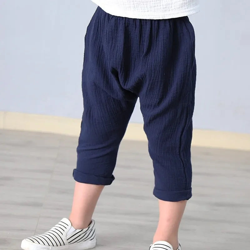 Kids Cotton Pleated Ankle-Length Pants – Toddler Boys Girls Casual Harem Trousers with Elastic Waist
