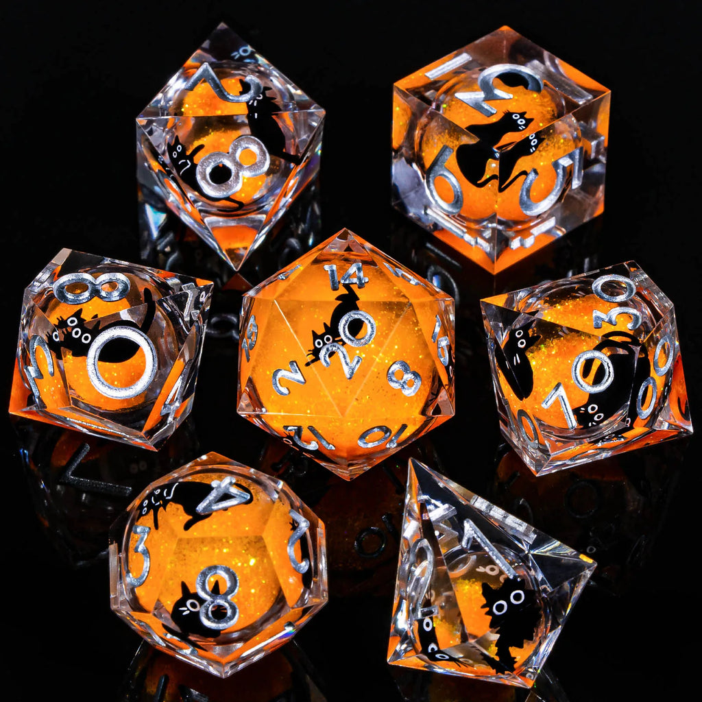 Liquid-Core Cat Resin 7-Piece RPG Dice Set — Sharp-Edge Polyhedral D20 D12 D10 D8 D6 D4 for Dungeons & Dragons & Tabletop