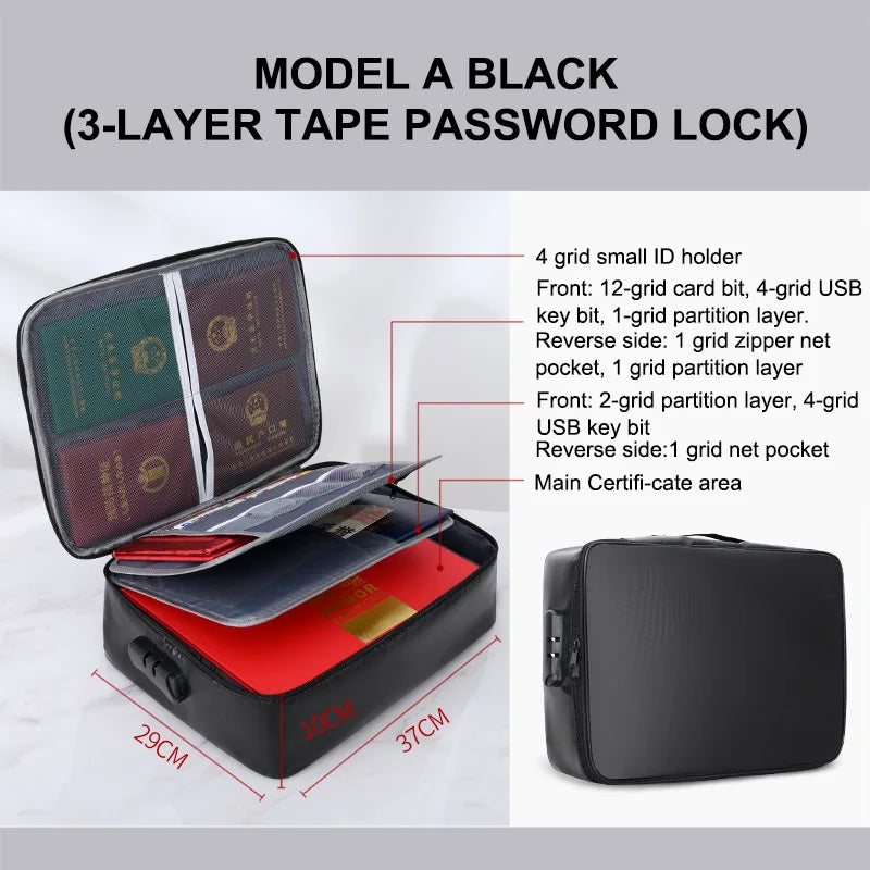 Fireproof Document Bag with Combination Lock, Waterproof File Safe Organizer, Fire & Water Resistant Pouch with Multi-Layer Card Slots — 14.6 x 11.4 x 3.9 in (37 x 29 x 10 cm)