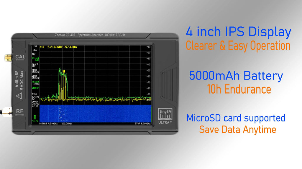 Handheld Tiny Spectrum Analyzer 4-inch (10.2 cm) Display 5000mAh Battery 100 kHz - 7.3 GHz
