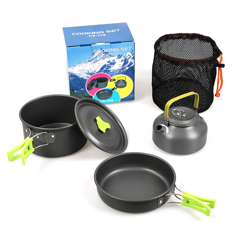 3-Piece Camping Cookware Set – Aluminum Pot, Frying Pan & Teapot | Portable Outdoor Cooking for Hiking, Camping & Picnic