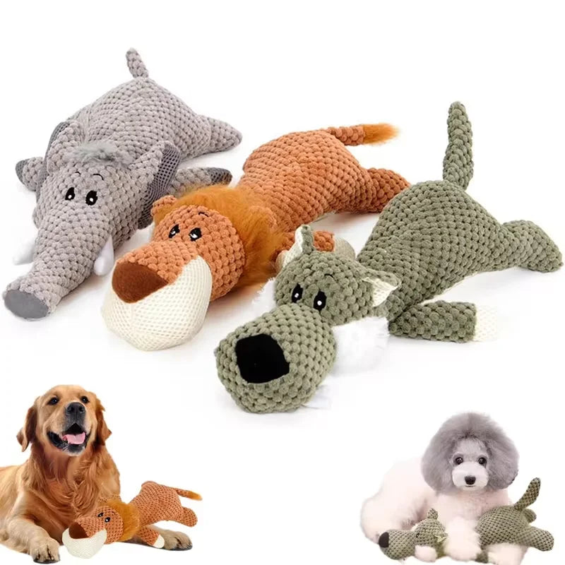 Bite-Resistant Squeaky Plush Dog Toy — Lion, Wolf & Elephant, 15.7 x 6.3 x 3.5 in (40 x 16 x 9 cm) — Interactive Chew Toy for Small & Medium Dogs