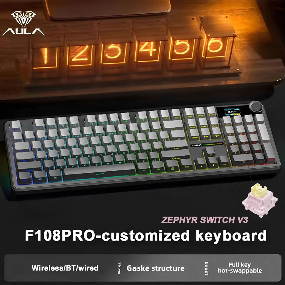 Mechanical Gaming Keyboard — Tri-Mode Bluetooth/2.4G/Wired, Hot-Swappable 108-Key, RGB, 1.14" (29 mm) TFT Smart Display, Multi-Function Knob, 8000mAh Battery, PBT Keycaps