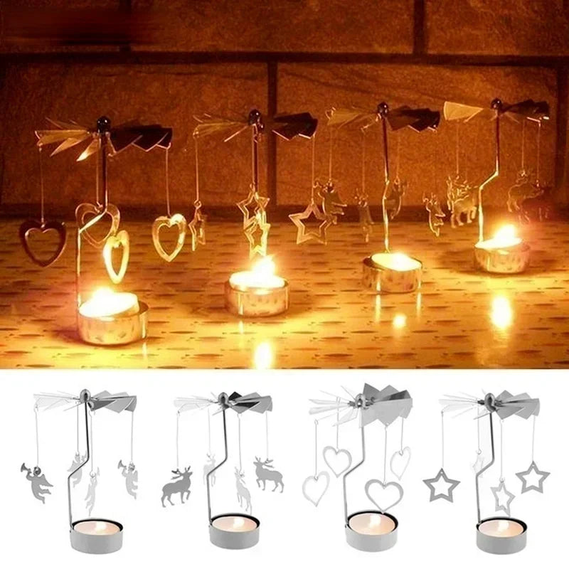 Spinning Metal Carousel Tea Light Candle Holder, Rotating Christmas Candelabra for Home Decor (3.15 x 5.12 in / 8 x 13 cm)