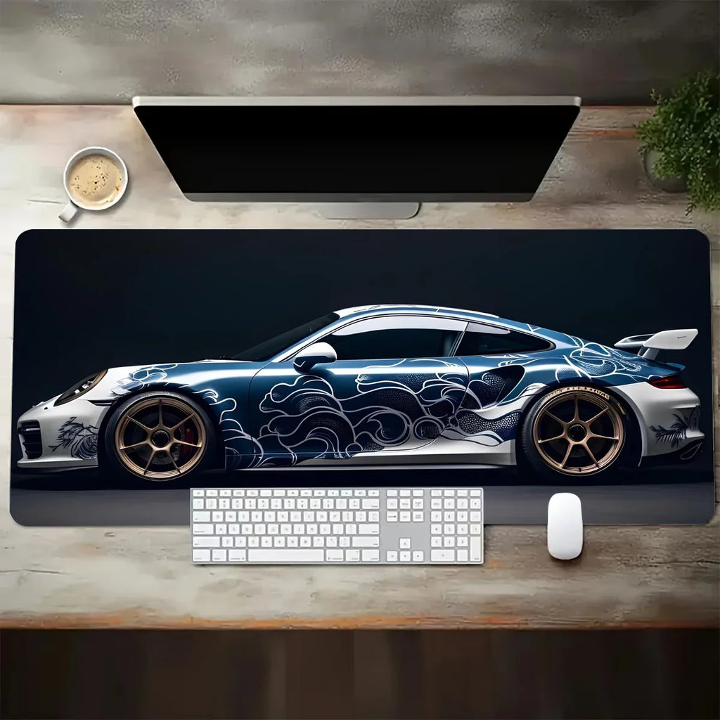 Large Extended Gaming Mouse Pad – White Sports Car Design, Anti-Slip Rubber Base Desk Mat for Gamers & Office
