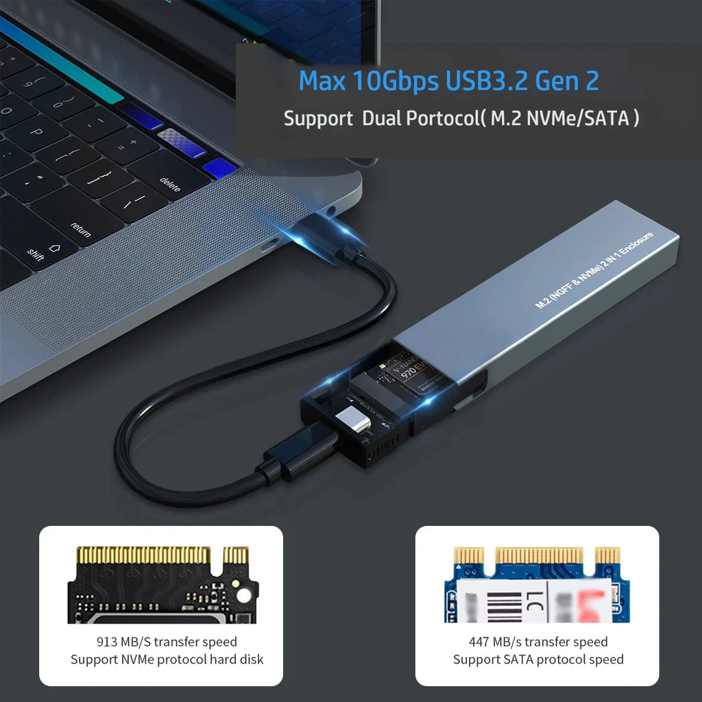 Dual-Protocol M.2 NVMe/SATA SSD Enclosure – USB 3.1 Gen2 10Gbps, Supports 2230/2242/2260/2280 (Type-C to C/A)